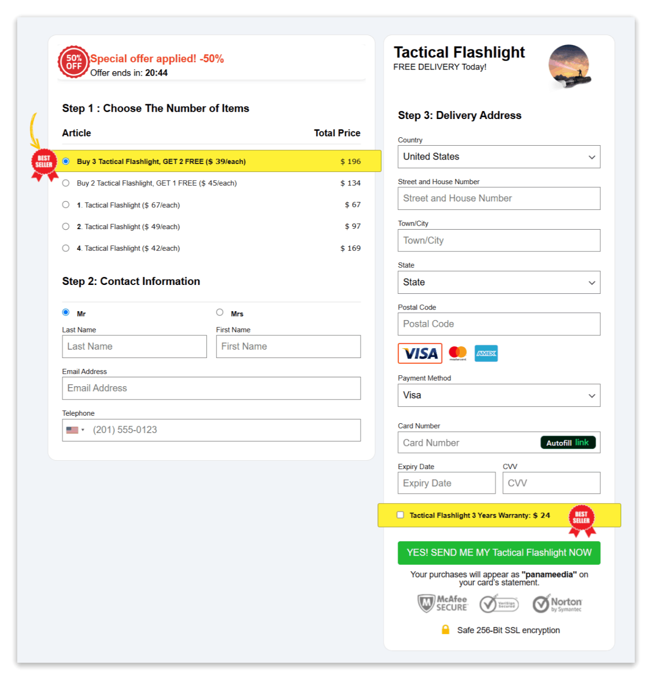 Tactical Flashlight checkout page